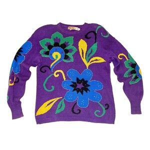 80's Vtg Crew Neck Sweater Colorful Floral Embroidery & Bead Embellished Women M